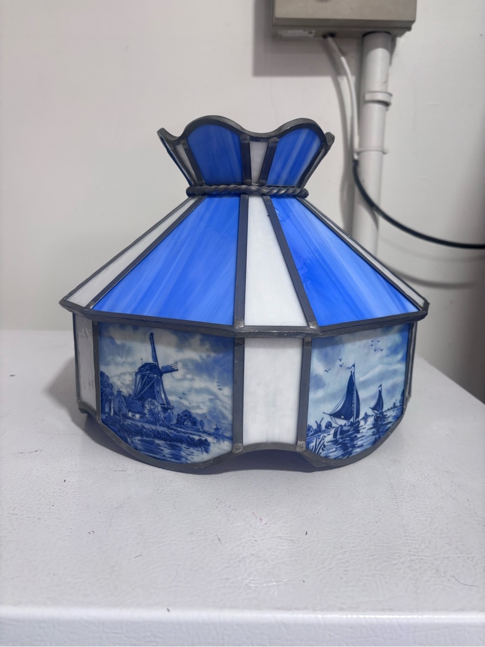 Vintage Tiffany style blue white stained glass Dutch windmill sailboat shade